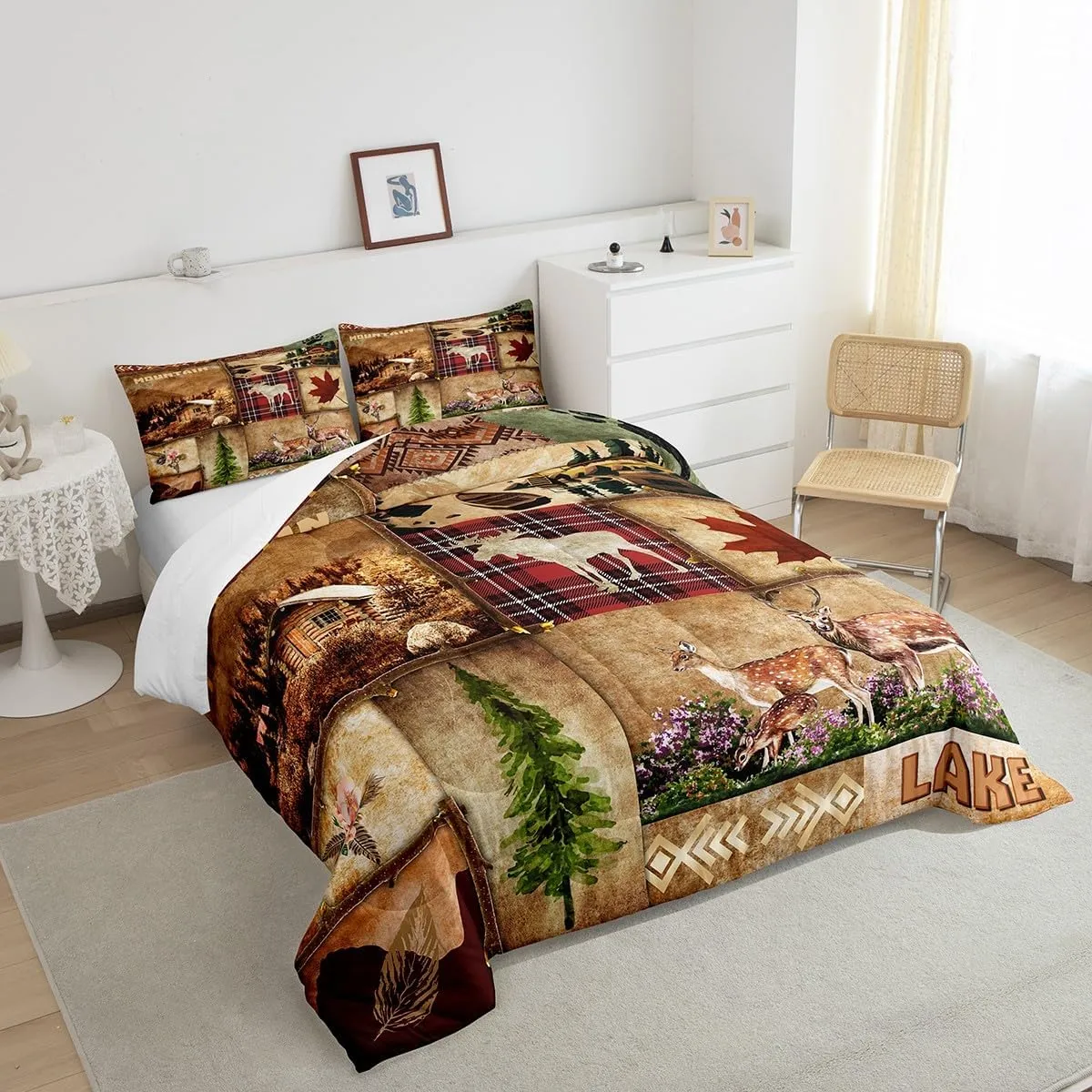 Deer Hunting Bedding Set Rustic Country Style,Reindeer Moose Farmhouse Wild Animal Comforter Set Queen,Lake House Wooden Cabin Jungle Pine Tree Down Comforter,Boho Aztec Decor Patchwork Plaid Quilt