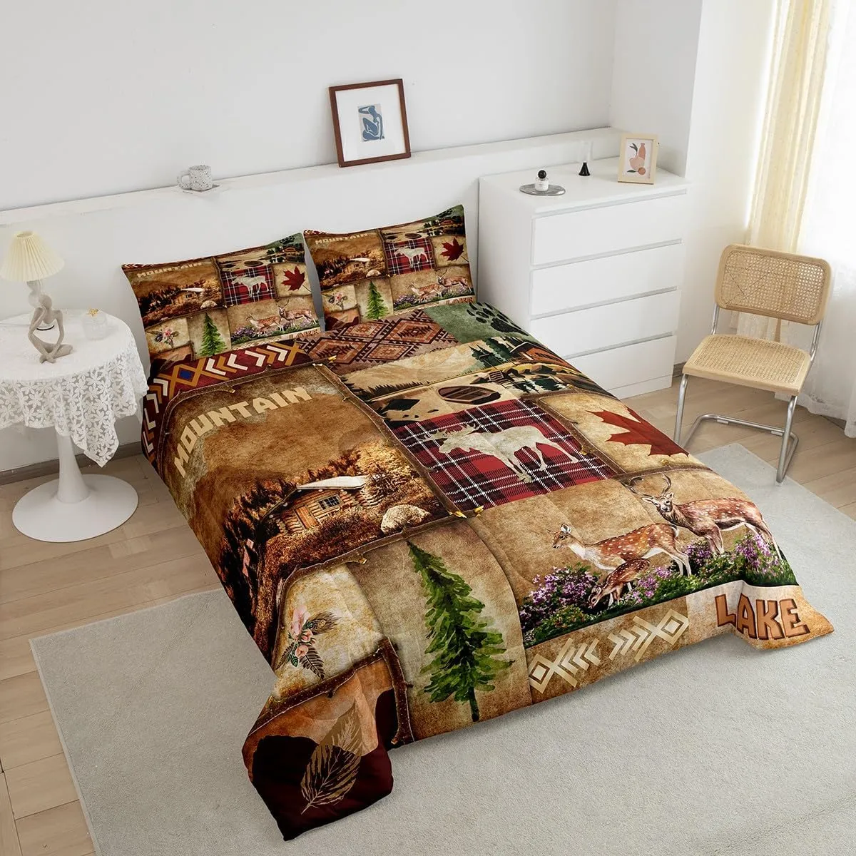 Deer Hunting Bedding Set Rustic Country Style,Reindeer Moose Farmhouse Wild Animal Comforter Set Queen,Lake House Wooden Cabin Jungle Pine Tree Down Comforter,Boho Aztec Decor Patchwork Plaid Quilt