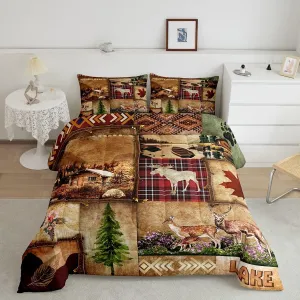 Deer Hunting Bedding Set Rustic Country Style,Reindeer Moose Farmhouse Wild Animal Comforter Set Queen,Lake House Wooden Cabin Jungle Pine Tree Down Comforter,Boho Aztec Decor Patchwork Plaid Quilt