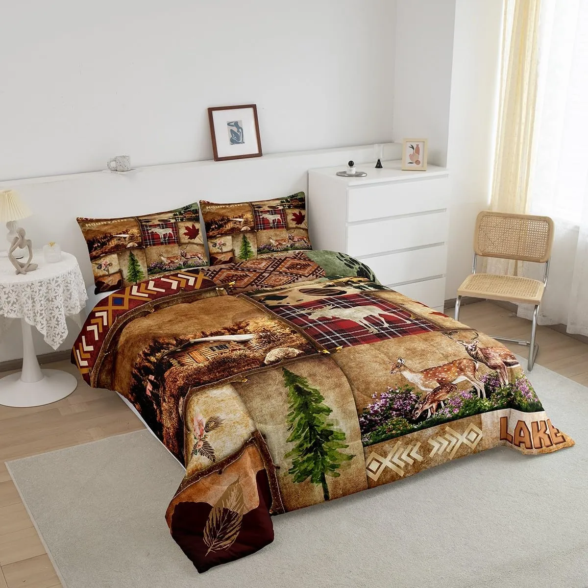 Deer Hunting Bedding Set Rustic Country Style,Reindeer Moose Farmhouse Wild Animal Comforter Set Queen,Lake House Wooden Cabin Jungle Pine Tree Down Comforter,Boho Aztec Decor Patchwork Plaid Quilt
