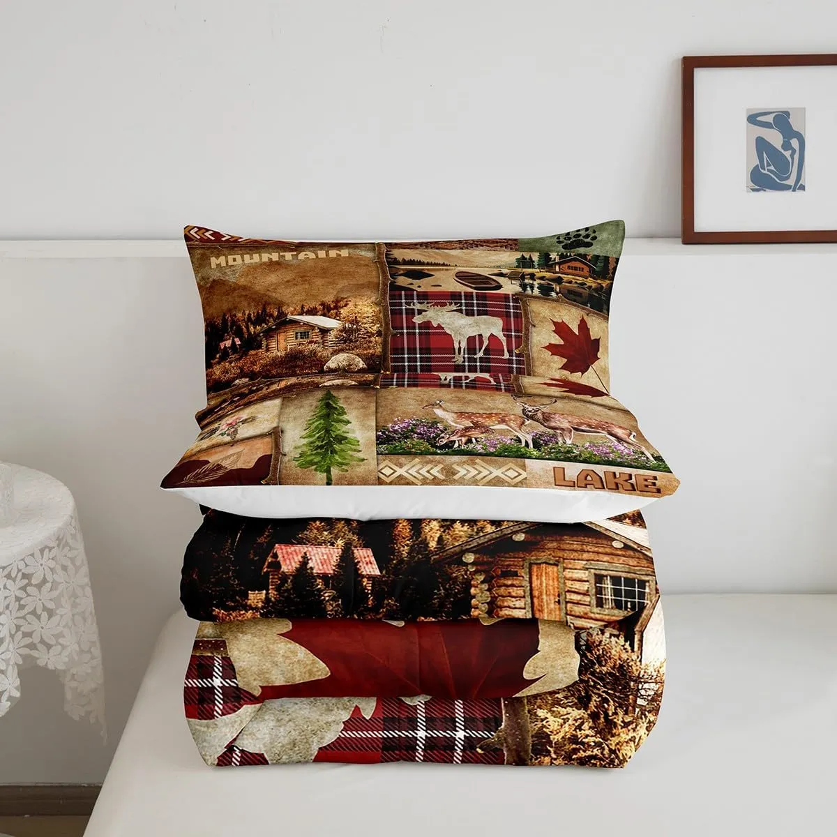 Deer Hunting Bedding Set Rustic Country Style,Reindeer Moose Farmhouse Wild Animal Comforter Set Queen,Lake House Wooden Cabin Jungle Pine Tree Down Comforter,Boho Aztec Decor Patchwork Plaid Quilt