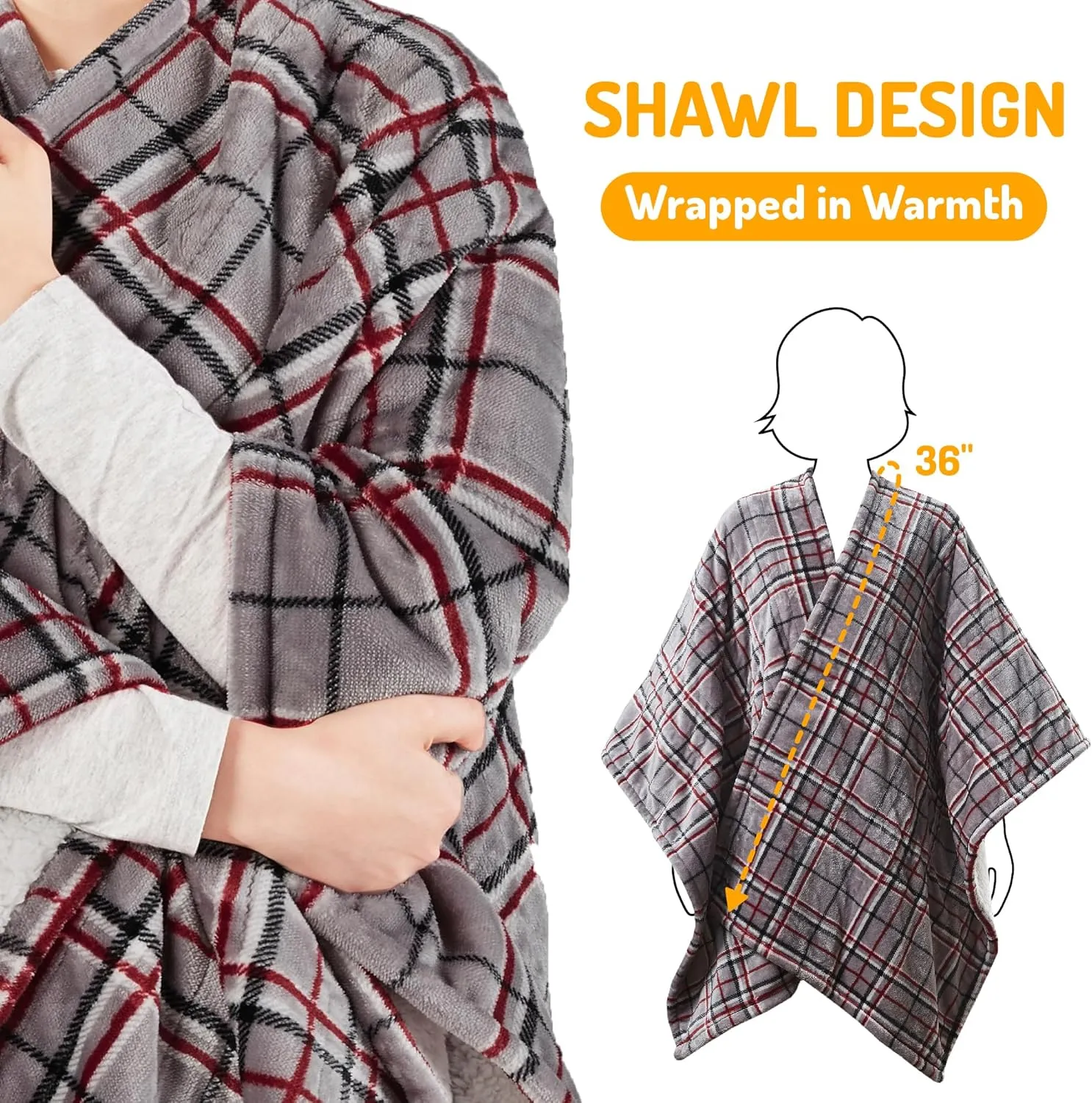 Degrees of Comfort Heated Sherpa Wrap Shawl, Cozy Winter Electric Blanket Throw, Snuggie for Grandma Mom Women, Washable, Auto Shut-Off, Reversible 50 x 64 Inch, Grey Plaid