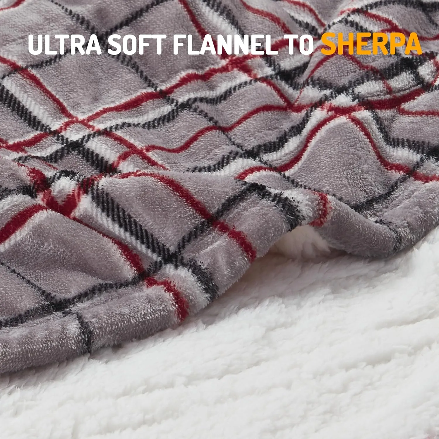 Degrees of Comfort Heated Sherpa Wrap Shawl, Cozy Winter Electric Blanket Throw, Snuggie for Grandma Mom Women, Washable, Auto Shut-Off, Reversible 50 x 64 Inch, Grey Plaid
