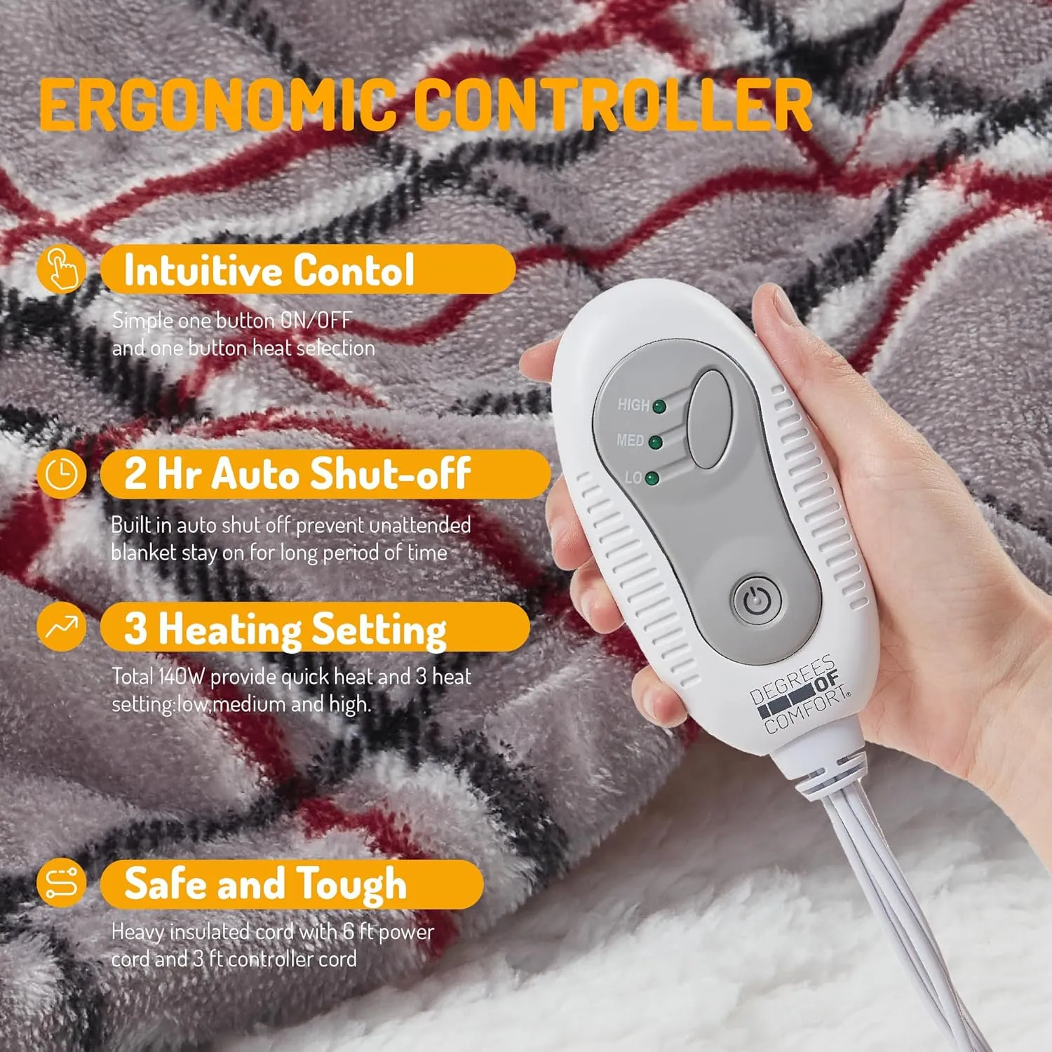 Degrees of Comfort Heated Sherpa Wrap Shawl, Cozy Winter Electric Blanket Throw, Snuggie for Grandma Mom Women, Washable, Auto Shut-Off, Reversible 50 x 64 Inch, Grey Plaid