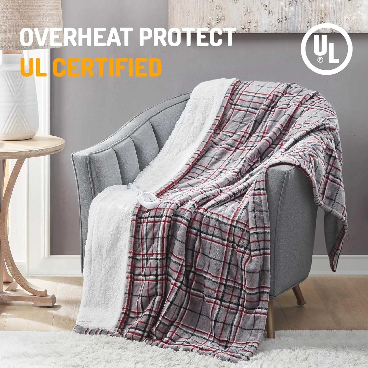 Degrees of Comfort Heated Sherpa Wrap Shawl, Cozy Winter Electric Blanket Throw, Snuggie for Grandma Mom Women, Washable, Auto Shut-Off, Reversible 50 x 64 Inch, Grey Plaid