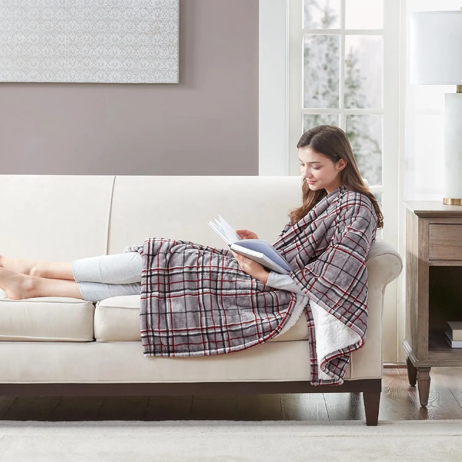 Degrees of Comfort Heated Sherpa Wrap Shawl, Cozy Winter Electric Blanket Throw, Snuggie for Grandma Mom Women, Washable, Auto Shut-Off, Reversible 50 x 64 Inch, Grey Plaid