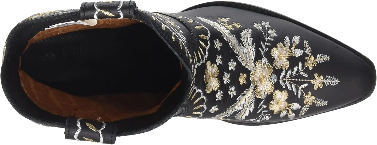 Dingo Womens Primrose Embroidered Floral Snip Toe Casual Boots Ankle Mid Heel 2-3" - Black