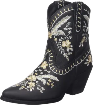 Dingo Womens Primrose Embroidered Floral Snip Toe Casual Boots Ankle Mid Heel 2-3" - Black