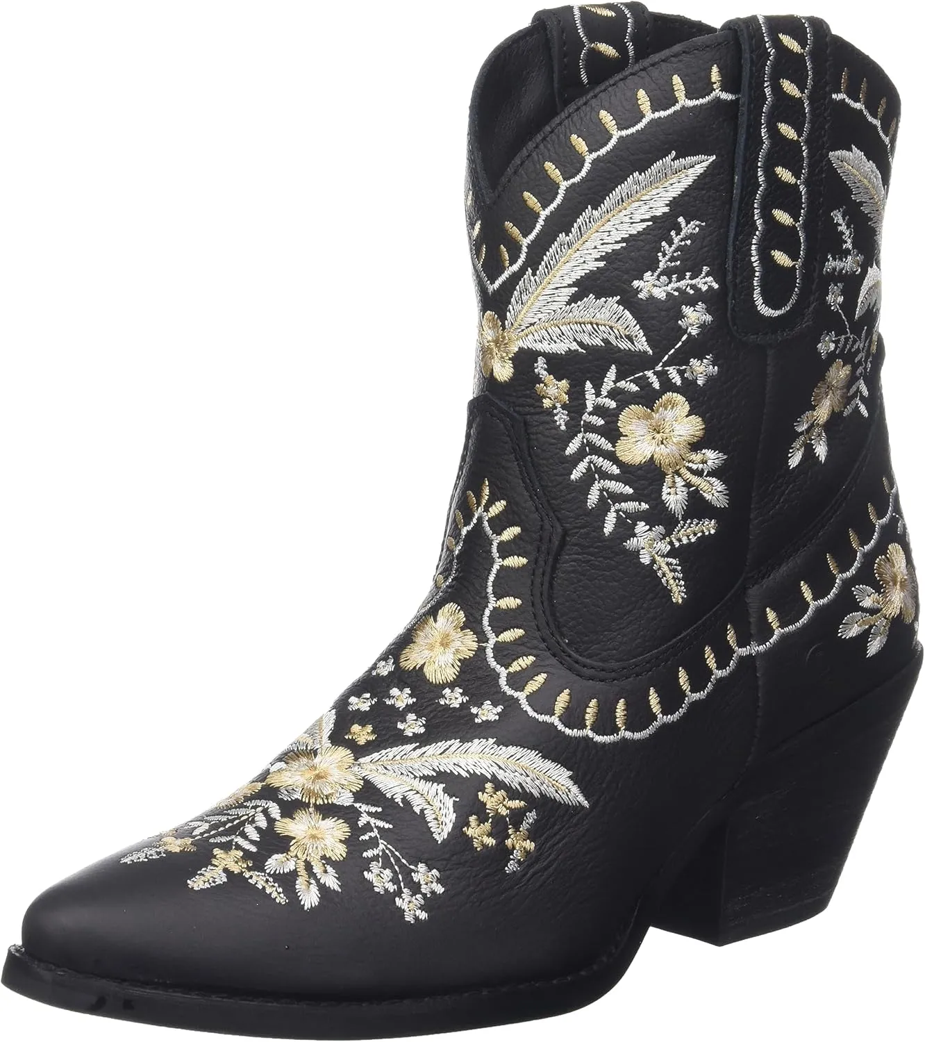 Dingo Womens Primrose Embroidered Floral Snip Toe Casual Boots Ankle Mid Heel 2-3" - Black
