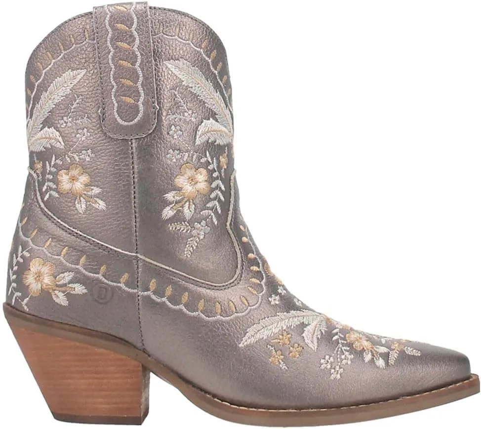 Dingo Womens Primrose Metallic Embroidered Floral Snip Toe Casual Boots Ankle Mid Heel 2-3" - Grey - Size 9.5 M