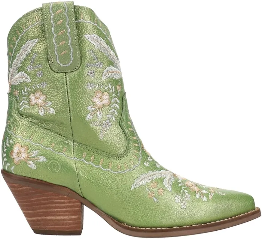 Dingo Womens Primrose Metallic Embroidered Floral Snip Toe Casual Boots Ankle Mid Heel 2-3" - Yellow