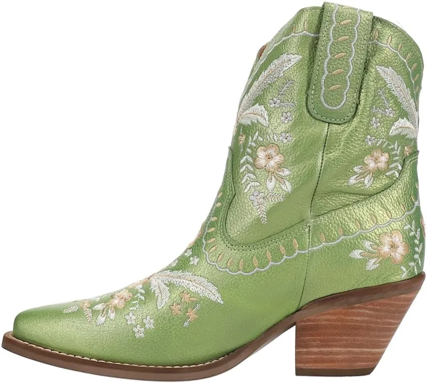 Dingo Womens Primrose Metallic Embroidered Floral Snip Toe Casual Boots Ankle Mid Heel 2-3" - Yellow