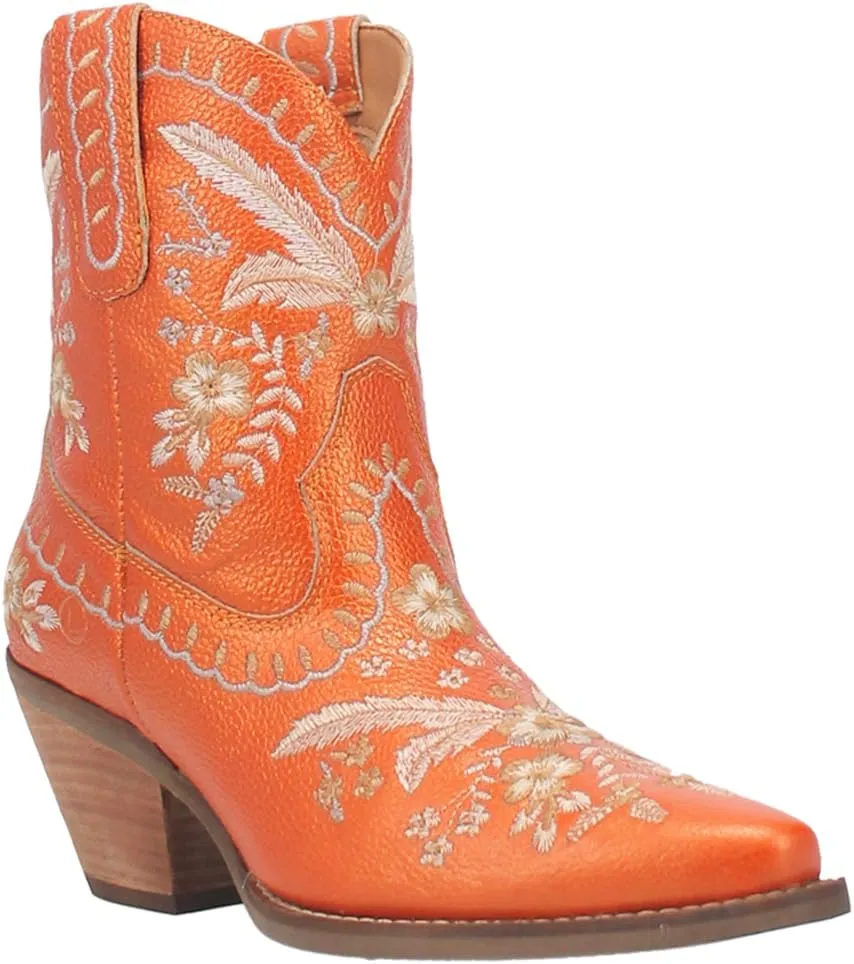 Dingo Womens Primrose Metallic Embroidered Floral Snip Toe Casual Boots Ankle Mid Heel 2-3" - Yellow