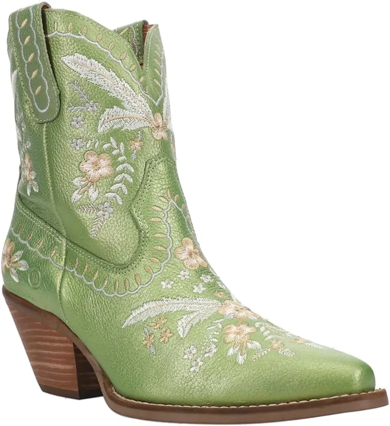 Dingo Womens Primrose Metallic Embroidered Floral Snip Toe Casual Boots Ankle Mid Heel 2-3" - Yellow