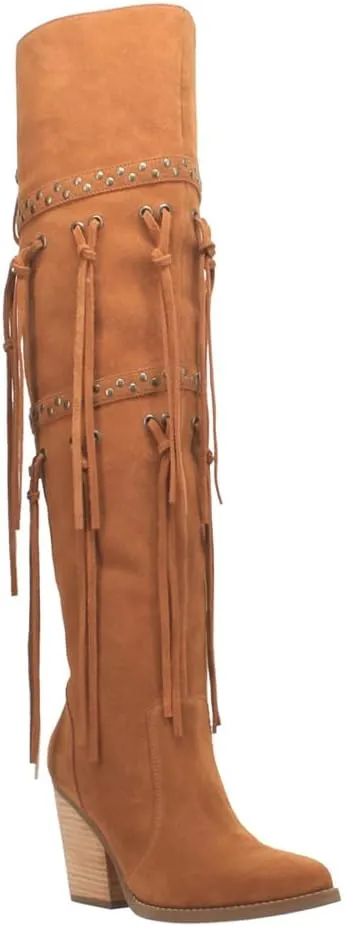 Dingo Womens Witchy Fringe Pull On Pointed Toe Casual Boots Over the Knee High Heel 3" & Up - Black