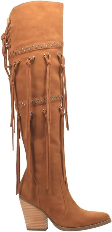 Dingo Womens Witchy Fringe Pull On Pointed Toe Casual Boots Over the Knee High Heel 3" & Up - Black