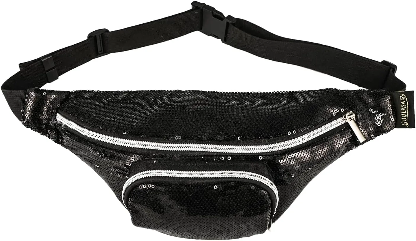 Disco Fanny Pack Sequins Waist Bag for Women, Shiny Festival Fanny Pack with Zipper Pocket, Glitter Belt for Rave Parties,Crossbody Bags Glitter Fanny Pack metallic fanny pack (Sequin Black)