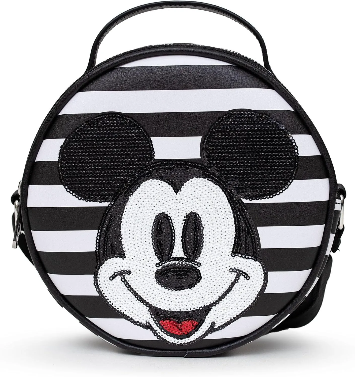 Disney Bag, Crossbody, Round, Mickey Mouse Smiling Sequin Face Applique, Stripe Black White, Vegan Leather