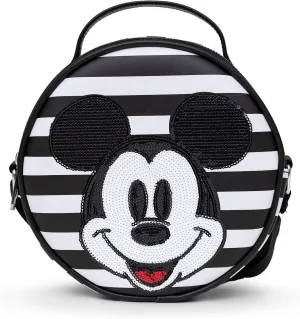 Disney Bag, Crossbody, Round, Mickey Mouse Smiling Sequin Face Applique, Stripe Black White, Vegan Leather