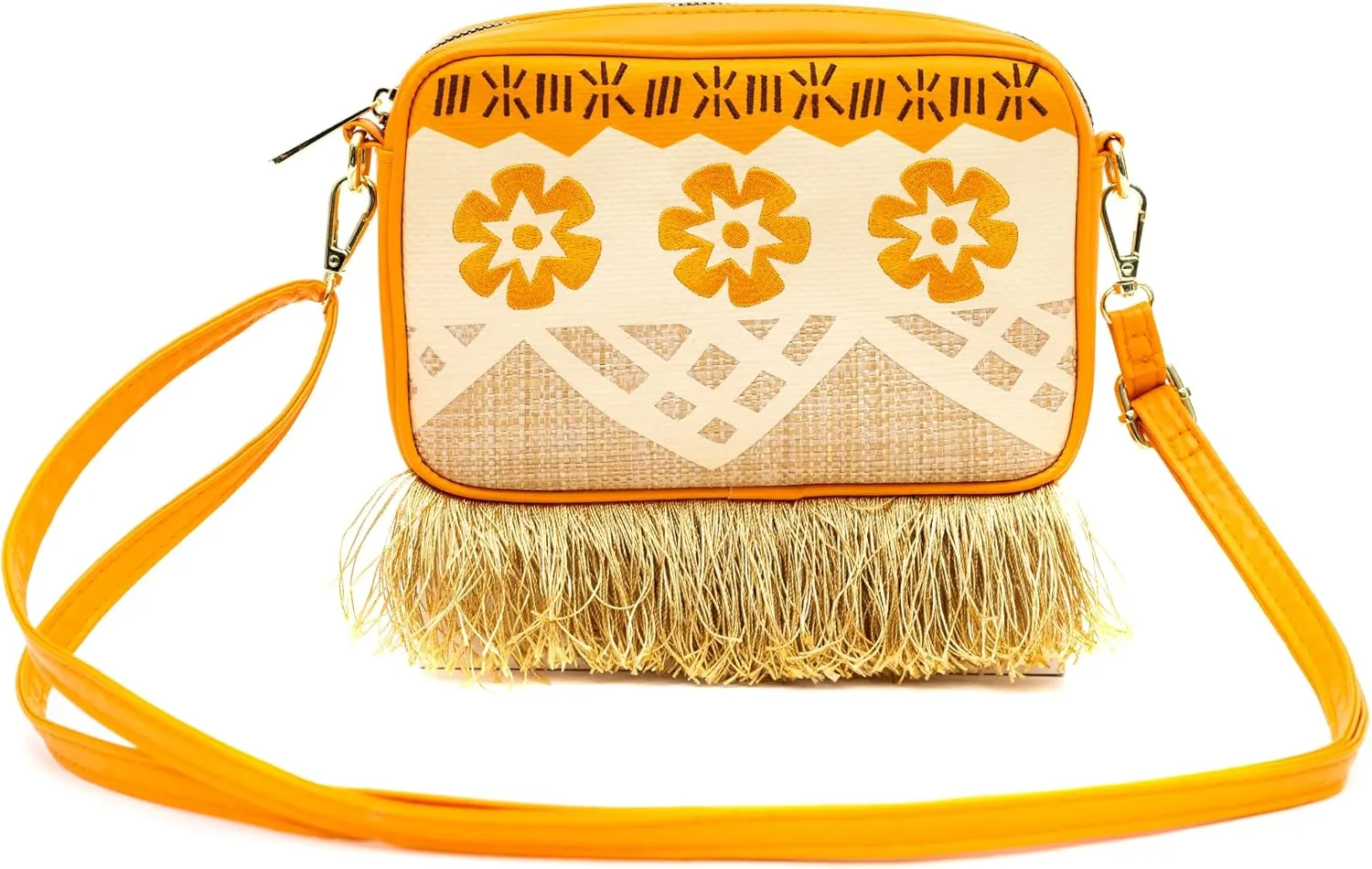 Disney Bag, Horizontal Crossbody, Moana Embroidered Skirt Pattern with Hei Hei and Pua Pose, Raffia Straw