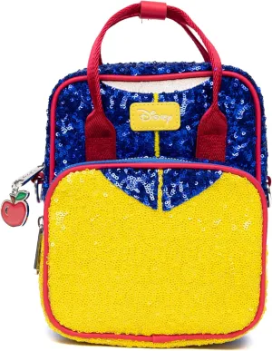 Disney Vegan Leather Crossbody Backpack for Women with Adjustable Strap, Snow White Bodice Blue and Yellow Sequin with Apple Charm