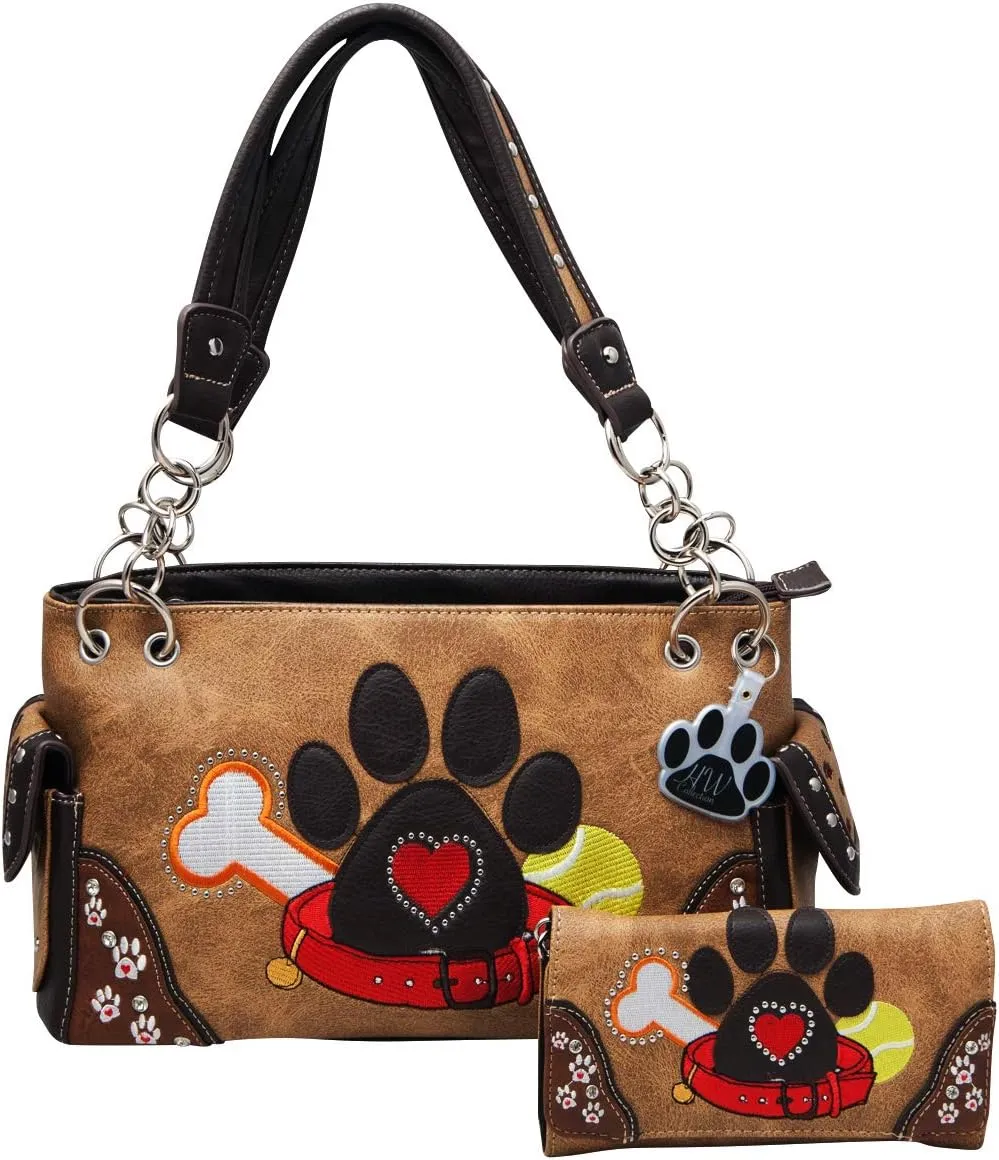Dog Paw Print Handbag Women Shoulder Purse Wallet Set Western Style