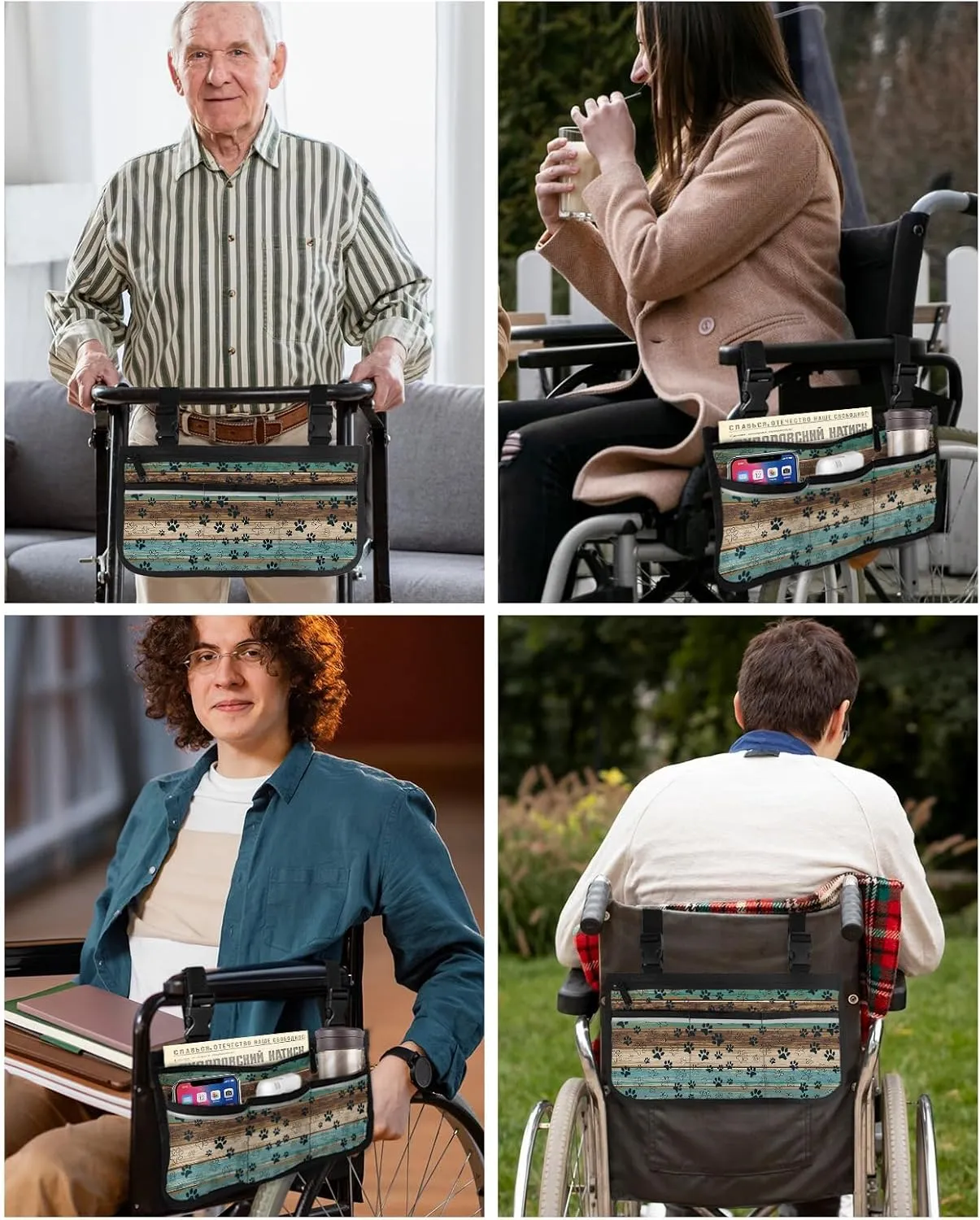 Dog Paws Prints Wheelchair Side Bag Walker Bag, Black Tile Pattern Teal Brown Wood Grain Retro Wheelchair Armrest Accessories Organizer Pouch for Walkers, Rollators, Scooters, 7.3''x13''