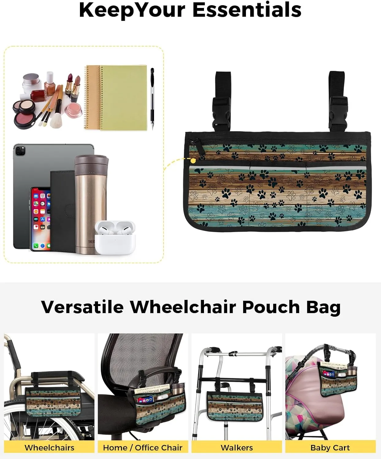 Dog Paws Prints Wheelchair Side Bag Walker Bag, Black Tile Pattern Teal Brown Wood Grain Retro Wheelchair Armrest Accessories Organizer Pouch for Walkers, Rollators, Scooters, 7.3''x13''