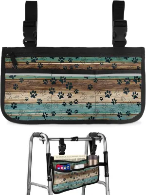 Dog Paws Prints Wheelchair Side Bag Walker Bag, Black Tile Pattern Teal Brown Wood Grain Retro Wheelchair Armrest Accessories Organizer Pouch for Walkers, Rollators, Scooters, 7.3''x13''