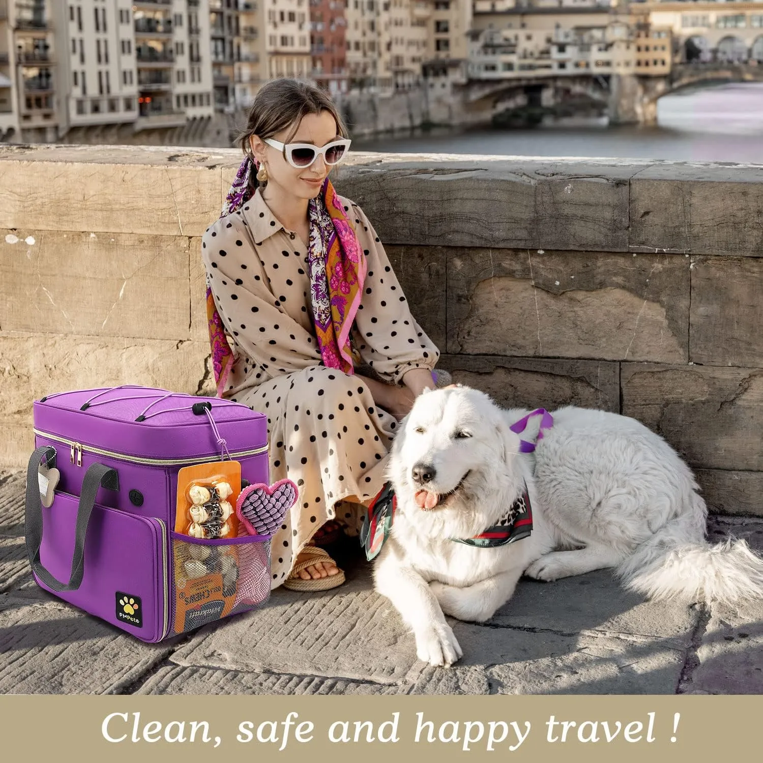 Dog Travel Bag - Multi-Function Pet Travel Set with Pockets for Overnight Trips (Purple)