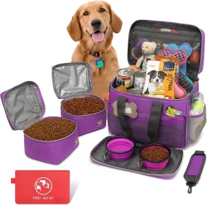 Dog Travel Bag - Multi-Function Pet Travel Set with Pockets for Overnight Trips (Purple)
