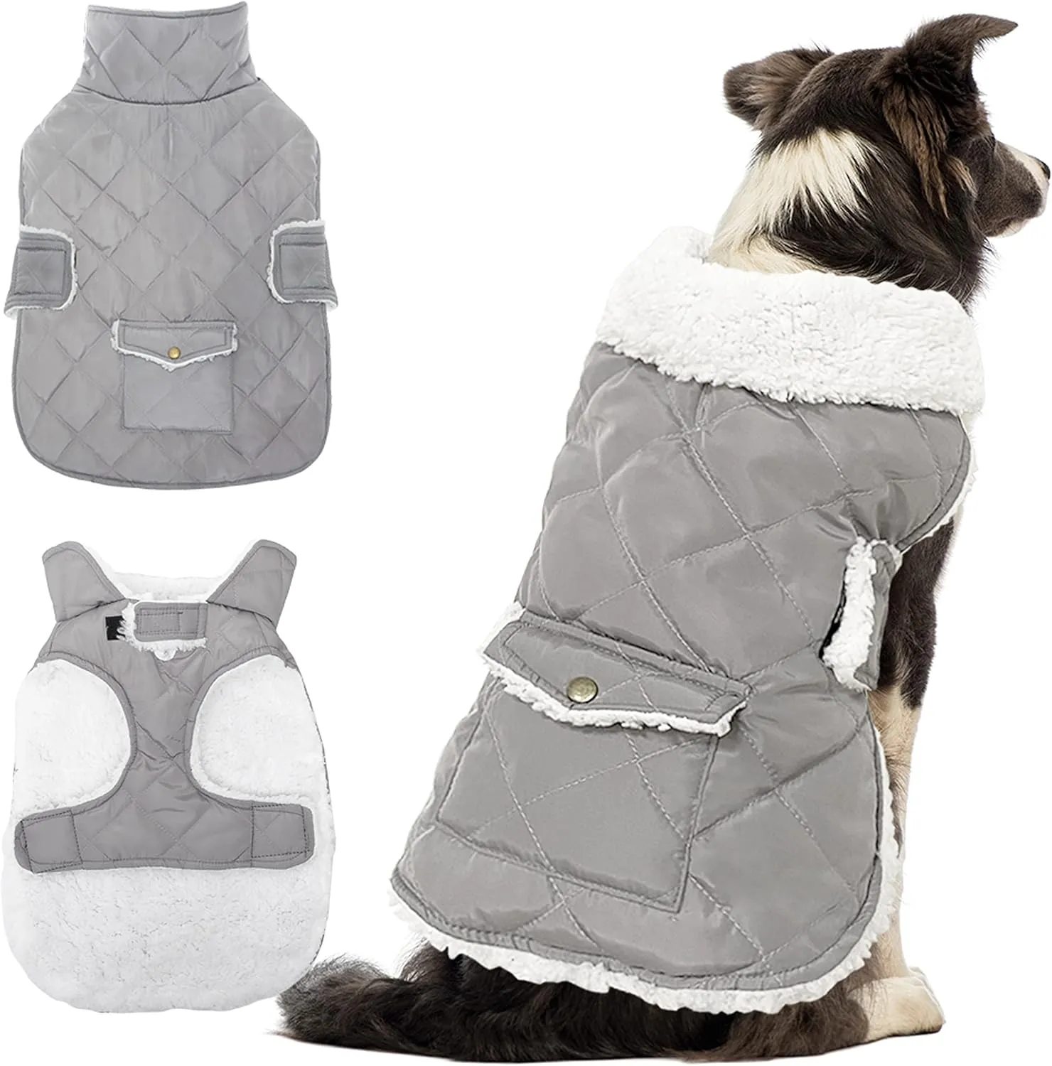 Dog Winter Coat - Windproof Fleece Warm Thick Dog Jacket Clothes for Snow Rainy Cold Weather - Gray Pet Vest Coat Outfits for Small Medium Large Dogs - Indoor & Outdoor Use (S-XXL)
