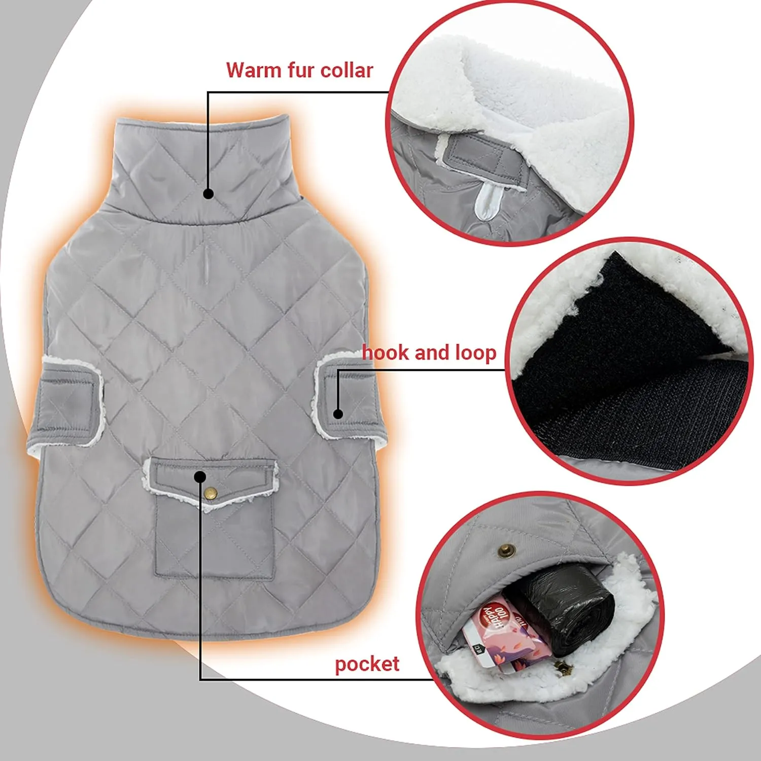 Dog Winter Coat - Windproof Fleece Warm Thick Dog Jacket Clothes for Snow Rainy Cold Weather - Gray Pet Vest Coat Outfits for Small Medium Large Dogs - Indoor & Outdoor Use (S-XXL)