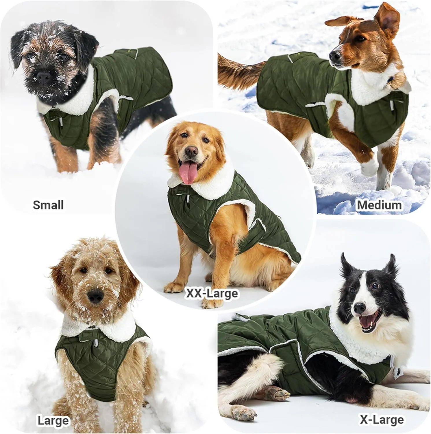 Dog Winter Coat - Windproof Fleece Warm Thick Dog Jacket Clothes for Snow Rainy Cold Weather - Green Pet Vest Coat Outfits for Small Medium Large Dogs - Indoor & Outdoor Use (S-XXL)
