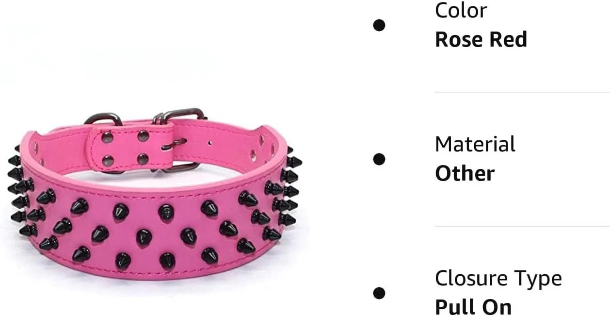 Dogs Kingdom Leather Black Spiked Studded Dog Collar 2" Wide, 31 Spikes 52 Studdeds Pit Bull, Boxer Collar Rose Red S