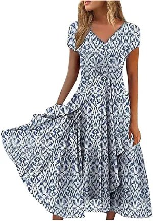 DOLKFU Womens Short Sleeve Casual Midi Dress Cute Flower Graphic Print Sundress Fashion Loose Fit Beach Dresses