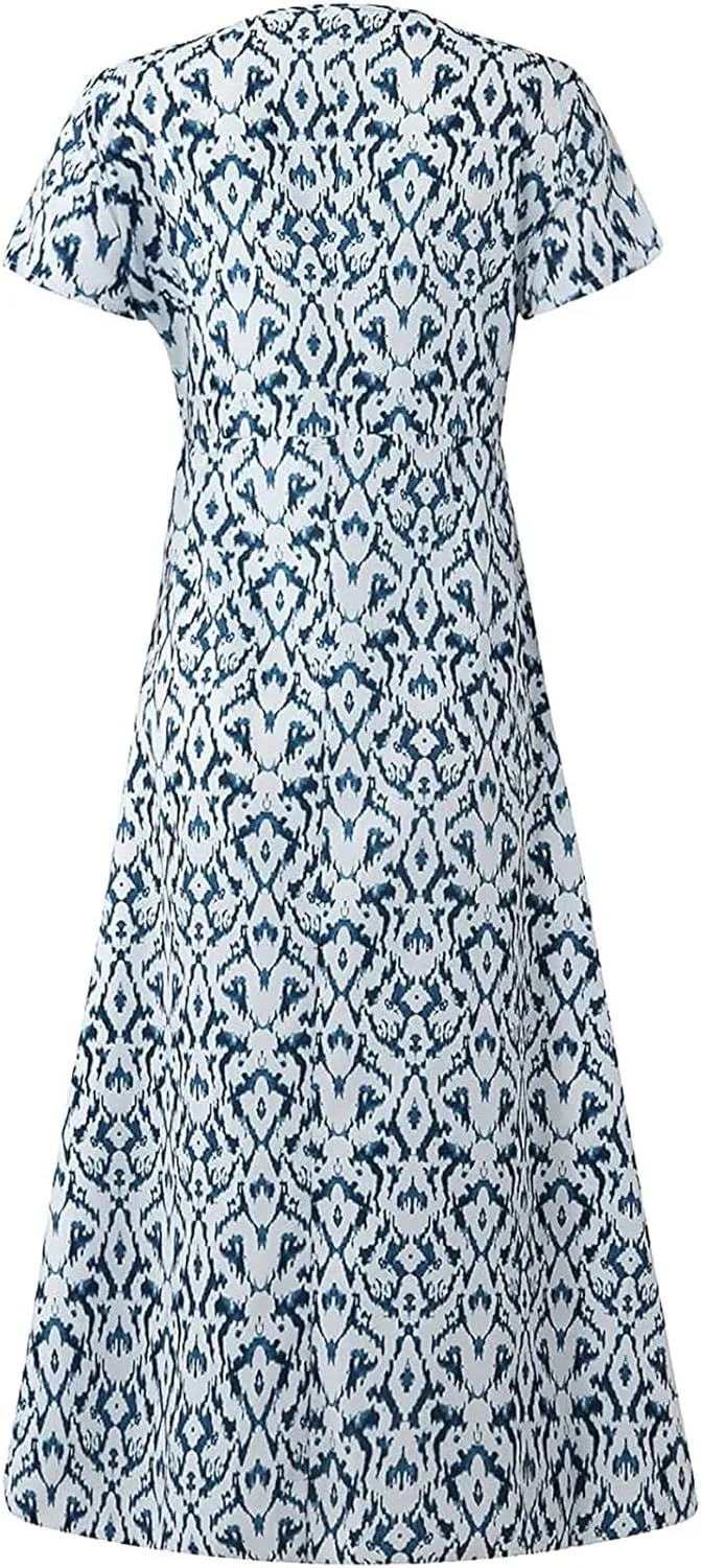 DOLKFU Womens Short Sleeve Casual Midi Dress Cute Flower Graphic Print Sundress Fashion Loose Fit Beach Dresses
