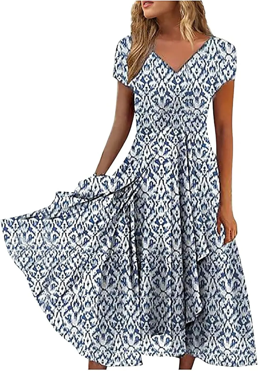 DOLKFU Womens Short Sleeve Casual Midi Dress Cute Flower Graphic Print Sundress Fashion Loose Fit Beach Dresses