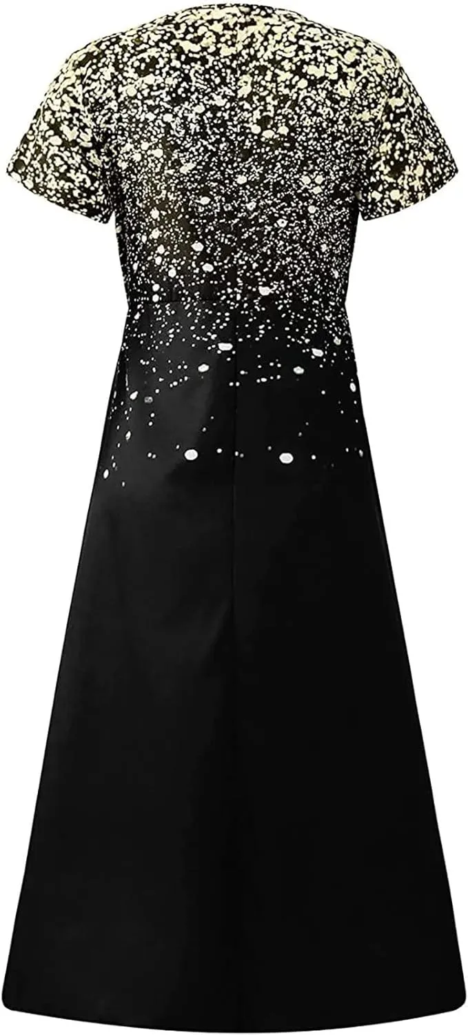 DOLKFU Womens Short Sleeve Casual Midi Dress Cute Flower Graphic Print Sundress Fashion Loose Fit Beach Dresses