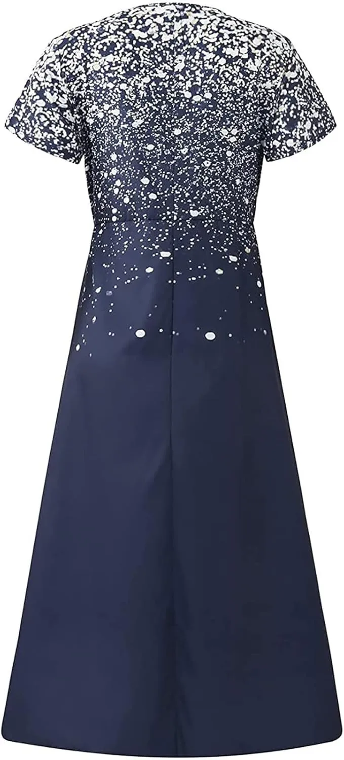 DOLKFU Womens Short Sleeve Casual Midi Dress Cute Flower Graphic Print Sundress Fashion Loose Fit Beach Dresses