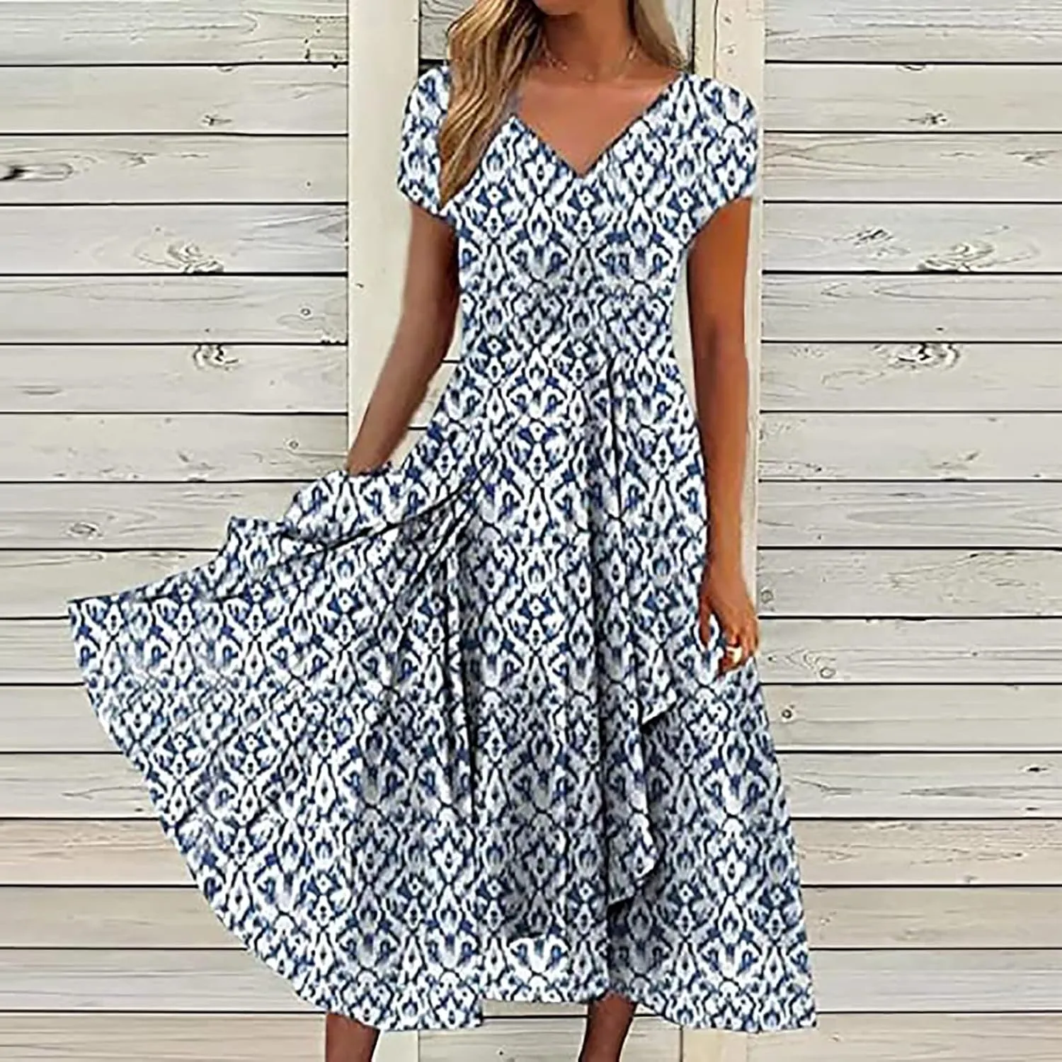 DOLKFU Womens Short Sleeve Casual Midi Dress Cute Flower Graphic Print Sundress Fashion Loose Fit Beach Dresses