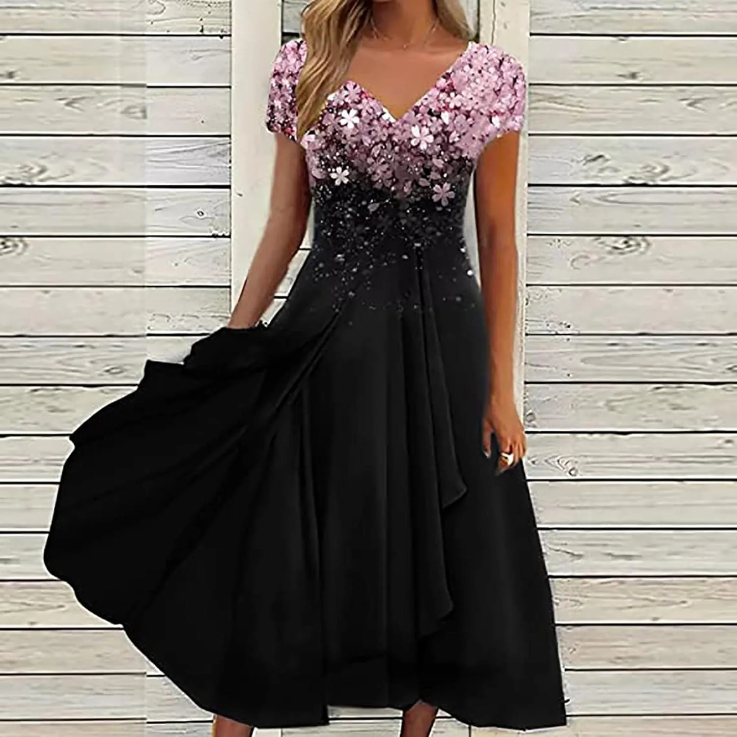 DOLKFU Womens Short Sleeve Casual Midi Dress Cute Flower Graphic Print Sundress Fashion Loose Fit Beach Dresses