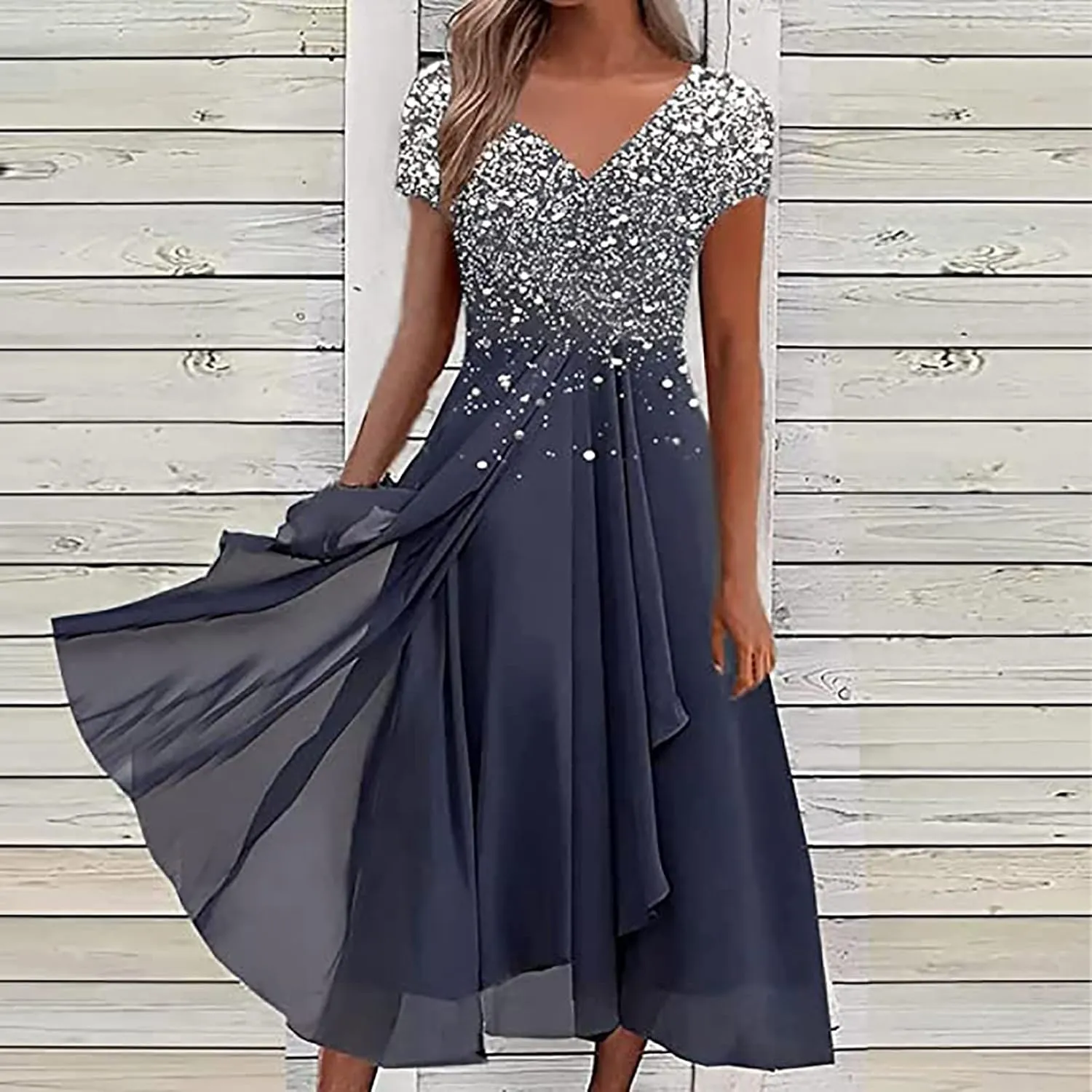 DOLKFU Womens Short Sleeve Casual Midi Dress Cute Flower Graphic Print Sundress Fashion Loose Fit Beach Dresses
