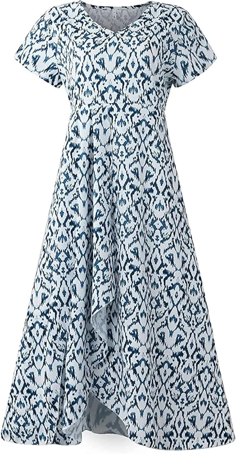 DOLKFU Womens Short Sleeve Casual Midi Dress Cute Flower Graphic Print Sundress Fashion Loose Fit Beach Dresses
