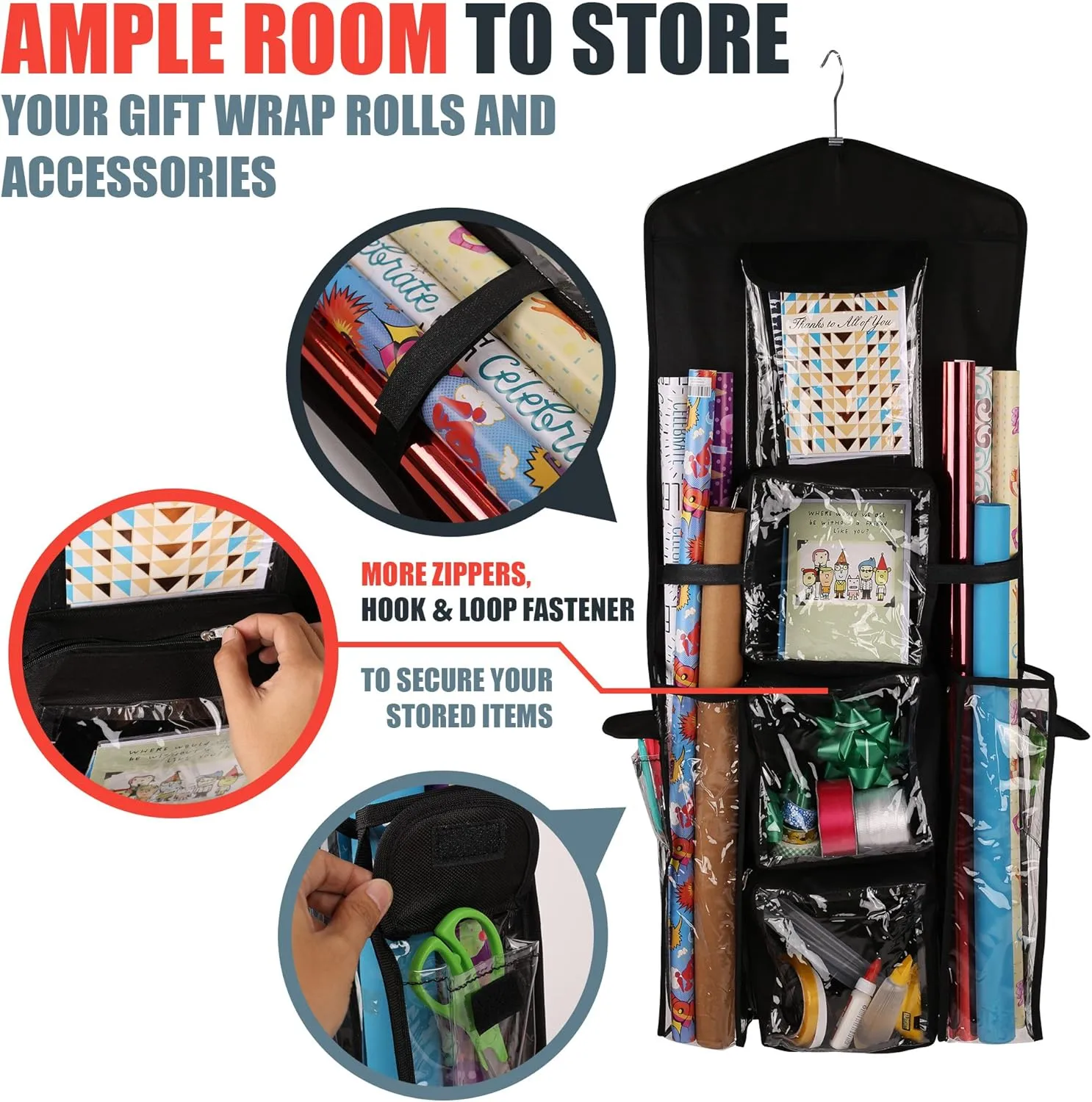 Double-Sided Hanging Gift Bag and Gift Wrap Organizer (Black)