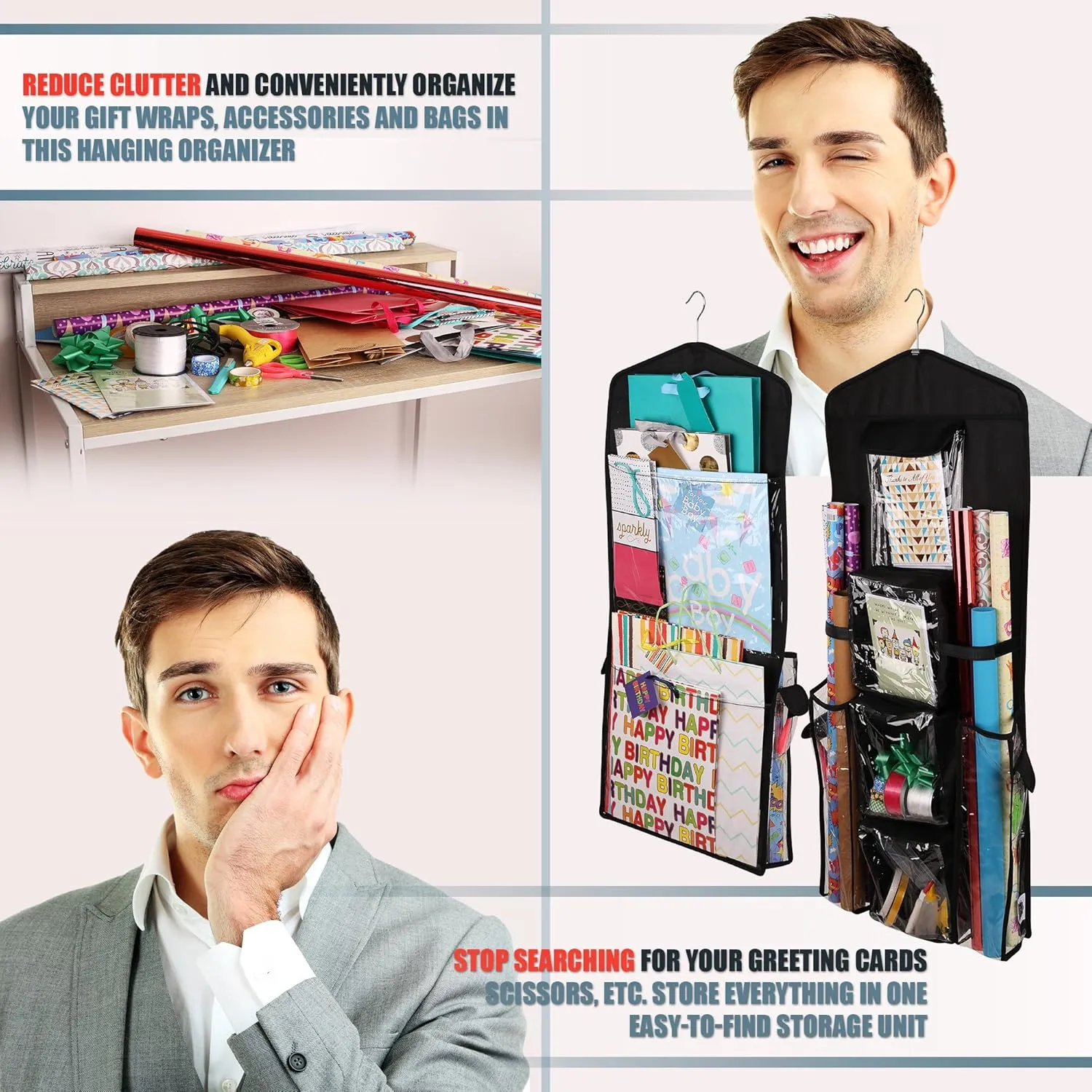 Double-Sided Hanging Gift Bag and Gift Wrap Organizer (Black)