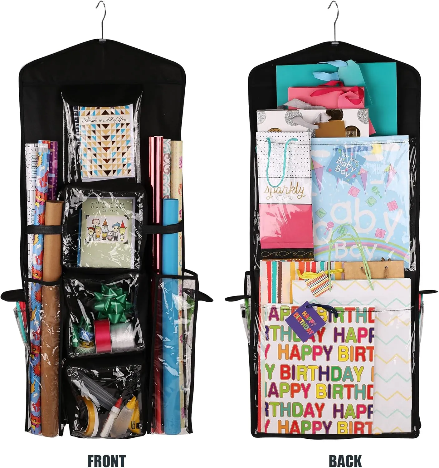 Double-Sided Hanging Gift Bag and Gift Wrap Organizer (Black)