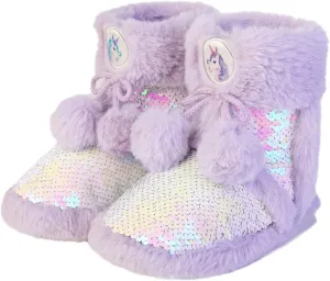 Dream Bridge Girls Kids Slippers Booties Home House Slippers Boots Toddler Cute Plush Fleece Warm Cartoon Indoor Outdoor Slip on Fluffy Booties Rainbow Shoes for Boys Girls