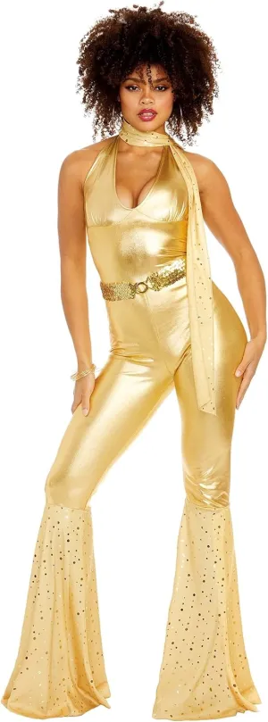 Dreamgirl Womens 70s Disco Costume, Adult Retro Gold Jumpsuit, Disco Fox Halloween Costume