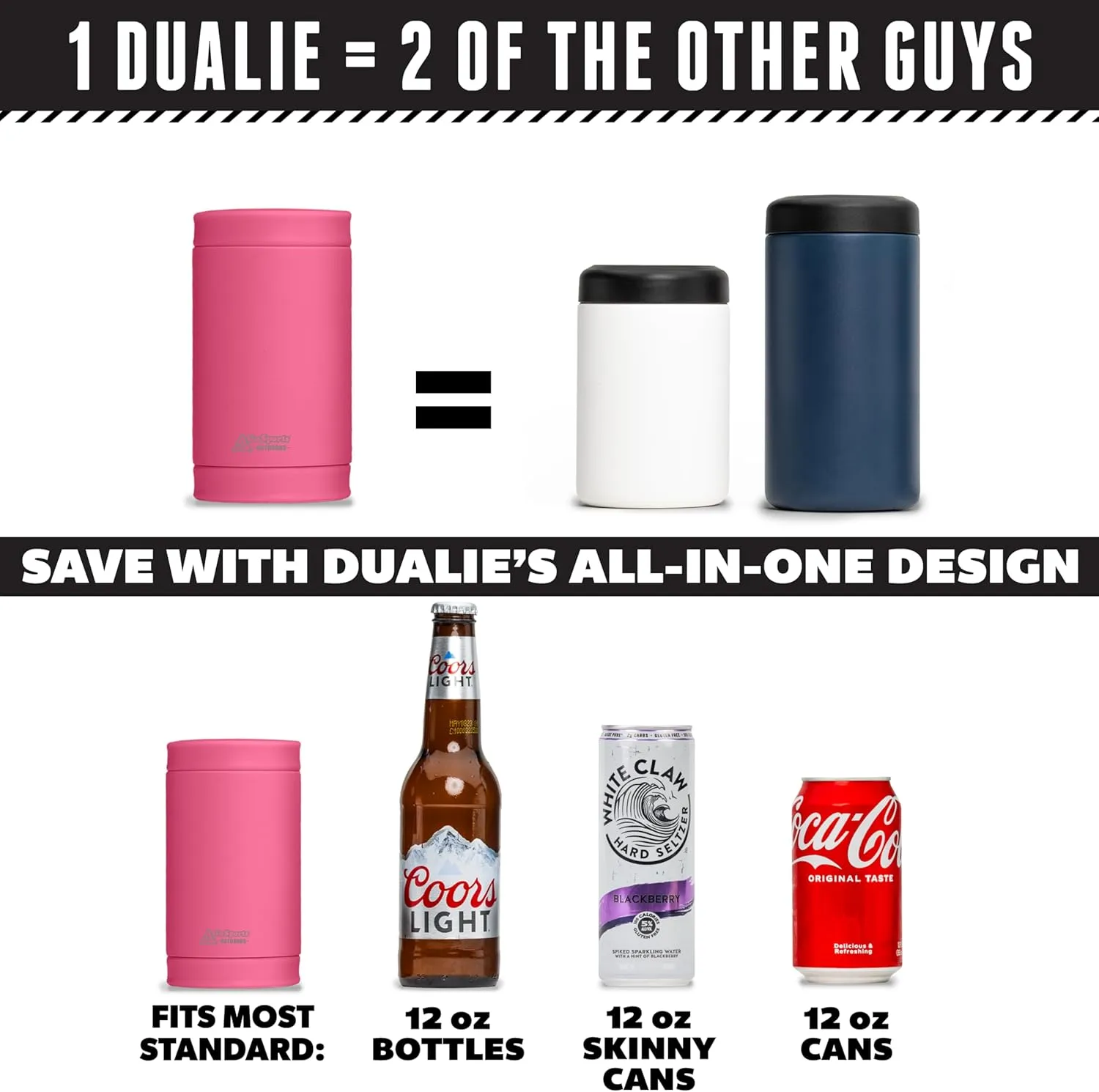 DUALIE 3 in 1 Insulated Can Cooler - 15  Colors - Universal Size for 12 oz Cans, Slim Cans, and Bottles